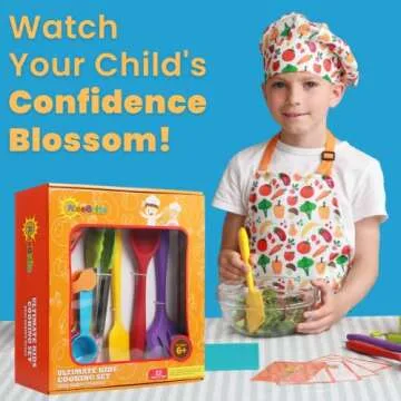 RISEBRITE Real Kids Cooking Set for Girls and Boys – 22 Pcs Gift Set Includes Kids Apron, Chef Hat, Cooking Supplies, Kitchen Utensils and Recipes for The Curious Young Junior Chef