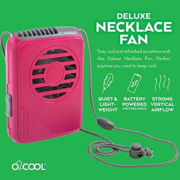O2COOL Battery Powered Deluxe Necklace Fan for Personal Cooling with Adjustable Lanyard (Raspberry)