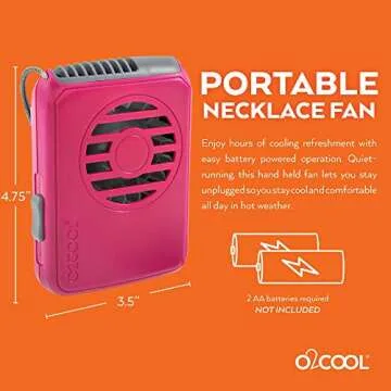 O2COOL Battery Powered Deluxe Necklace Fan for Personal Cooling with Adjustable Lanyard (Raspberry)