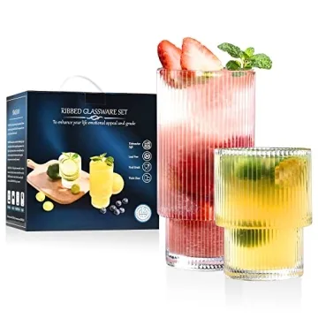 ISMASOAN Ribbed Glassware Set of 12,Glass Cups 12 oz and 7 oz,Fluted Glassware,Ribbed Drinking Glass...