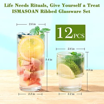 ISMASOAN Ribbed Glassware Set of 12 Drinking Glasses