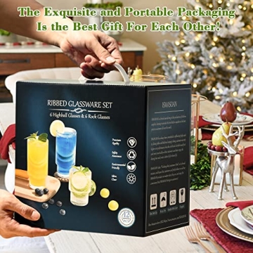 ISMASOAN Ribbed Glassware Set of 12 Drinking Glasses