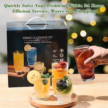 ISMASOAN Ribbed Glassware Set of 12 Drinking Glasses