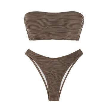 ZAFUL Women Strapless Textured Bandeau Bikini 2 Piece Swimwear Cheeky Solid Lace up Bathing Suits(1-Deep Coffee-CH,M)