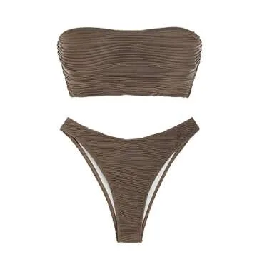 ZAFUL Women Strapless Textured Bandeau Bikini 2 Piece Swimwear Cheeky Solid Lace up Bathing Suits(1-Deep Coffee-CH,M)