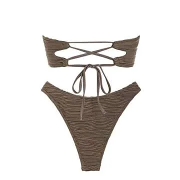 ZAFUL Women Strapless Textured Bandeau Bikini 2 Piece Swimwear Cheeky Solid Lace up Bathing Suits(1-Deep Coffee-CH,M)