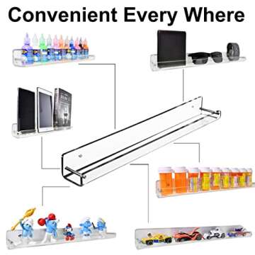 AMT 3 Pack Acrylic Floating Shelves, 15 L x 1.8 W, Clear Bathroom Wall Shelf, Bookshelves, Invisible Display for Office, Bedroom, Small Gap Allows Water to Escape, Free Screws & Drill Bit (Small)