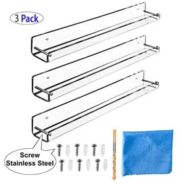 AMT 3 Pack Acrylic Floating Shelves, 15 L x 1.8 W, Clear Bathroom Wall Shelf, Bookshelves, Invisible Display for Office, Bedroom, Small Gap Allows Water to Escape, Free Screws & Drill Bit (Small)