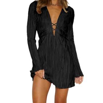 Long Sleeve Mini Dress Women Pleated Plisse Satin Flare deep v Neck Casual Cocktail Party Night Going Out Elegant Wedding Guest Short Tunic Dresses Trendy Belt 2023 Rave Outfits S Little Black