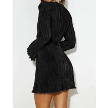 Long Sleeve Mini Dress Women Pleated Plisse Satin Flare deep v Neck Casual Cocktail Party Night Going Out Elegant Wedding Guest Short Tunic Dresses Trendy Belt 2023 Rave Outfits S Little Black