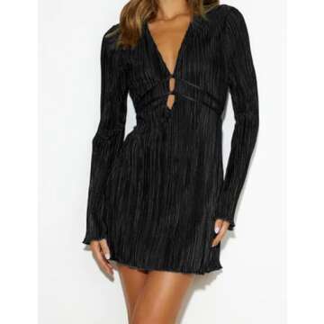 Long Sleeve Mini Dress Women Pleated Plisse Satin Flare deep v Neck Casual Cocktail Party Night Going Out Elegant Wedding Guest Short Tunic Dresses Trendy Belt 2023 Rave Outfits S Little Black