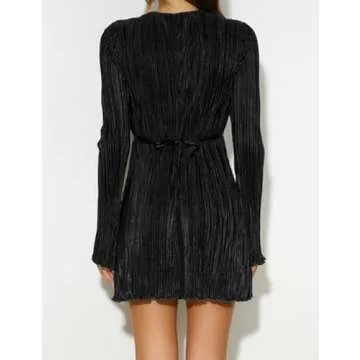 Long Sleeve Mini Dress Women Pleated Plisse Satin Flare deep v Neck Casual Cocktail Party Night Going Out Elegant Wedding Guest Short Tunic Dresses Trendy Belt 2023 Rave Outfits S Little Black