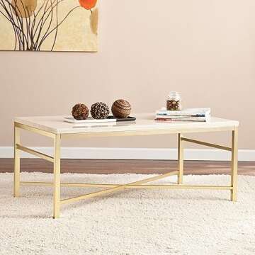 SEI Furniture Orinda Faux Stone Coffee Table, Travertine/Matte Brass
