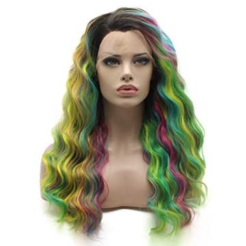 Lace Front Synthetic Wig Curly Long Dark Root Multi Color Ombre Wigs Half Hand Tied Heat Friendly Wi...