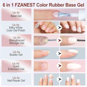 FZANEST Rubber Base Gel Nail Polih Nude Color,6 in 1 Jelly Sheer Beige Builder Base Gel For Nails In a Bottle,Thick Base For Nail Strengthener/Structure Extension Repair