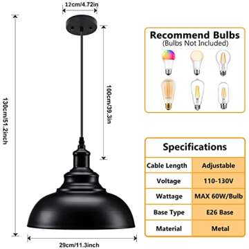 Asnxcju Matte Black Pendant Light, Industrial Farmhouse Pendant Light Vintage Hanging Ceiling Lamp F...