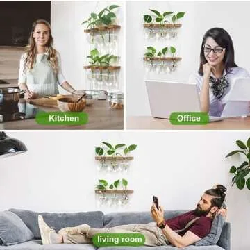 Renmxj Plant Propagation Station Wall Hanging, Plant Terrarium with 2 Tiered Wooden Stand for Hydroponics Plants, Unique Gardening Gifts for Women Mom Plant Lovers - 6 Bulb Glass Vases