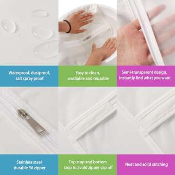 VOSIGREEN Hanging Garment Bags 7 Piece Set - 60 Inch Translucent Dust Proof Clothes Bag White Breathable Full Zipper Dust Cover for Suit Dance Costumes Gown Dress.