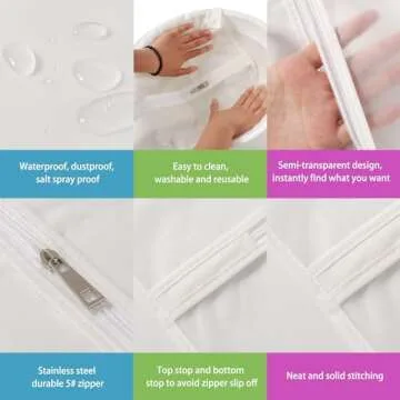 VOSIGREEN Hanging Garment Bags 7 Piece Set - 60 Inch Translucent Dust Proof Clothes Bag White Breathable Full Zipper Dust Cover for Suit Dance Costumes Gown Dress.