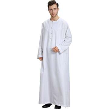 Ababalaya Men's Round Neck Long Sleeve Solid Saudi Arab Thobe Islamic Muslim Dubai Robe,White,M