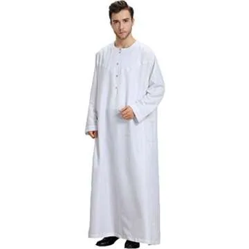Ababalaya Men's Round Neck Long Sleeve Solid Saudi Arab Thobe Islamic Muslim Dubai Robe,White,M
