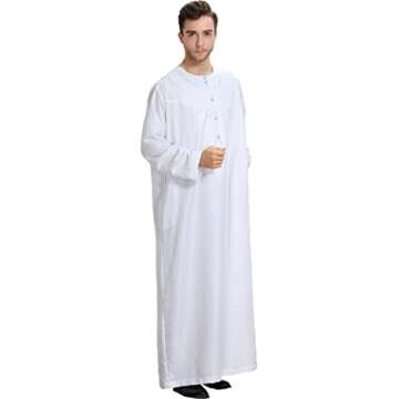 Ababalaya Men's Round Neck Long Sleeve Solid Saudi Arab Thobe Islamic Muslim Dubai Robe,White,M