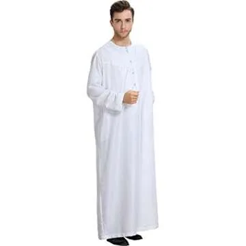 Ababalaya Men's Round Neck Long Sleeve Solid Saudi Arab Thobe Islamic Muslim Dubai Robe,White,M