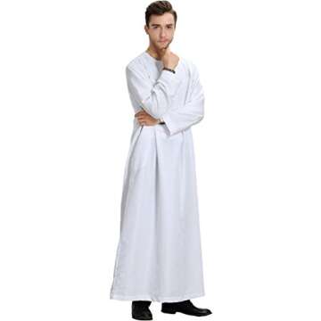 Ababalaya Men's Round Neck Long Sleeve Solid Saudi Arab Thobe Islamic Muslim Dubai Robe,White,M