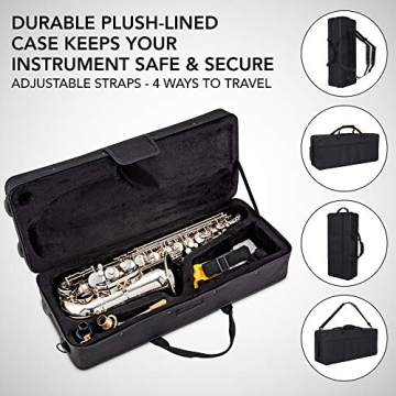 LyxJam Alto Saxophone E Flat Brass Sax Kit, Professional Sound, Complete Accessories, Ideal for All Players, Includes Hard Case, 10 Extra Reeds, Strap, Gloves, Cleaning Kit & More, Nickel Finish