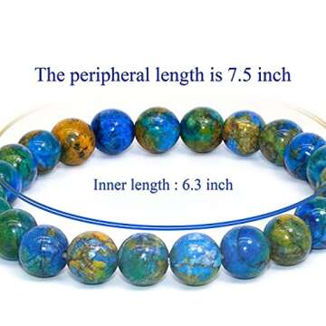 DAZCOLO Handmade Gem Bracelet 7.5" Stretch Gemstone 8mm Round Beads Crystals Quartz Unisex (Azurite)