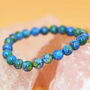 DAZCOLO Handmade Gem Bracelet 7.5" Stretch Gemstone 8mm Round Beads Crystals Quartz Unisex (Azurite)