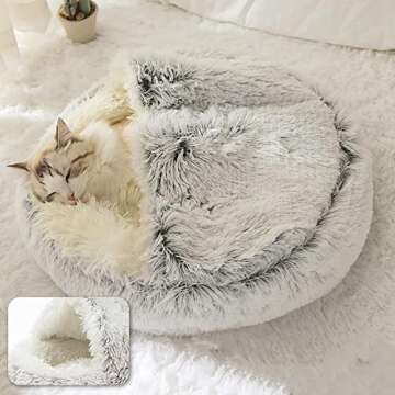 ShinHye Cat Bed Round Plush Fluffy Hooded Cat Bed Cave, Cozy for Indoor Cats or Small Dog beds, Soothing Pet Beds Dog Cave Bed - Waterproof Bottom Washable, (26×26inch, Grey)