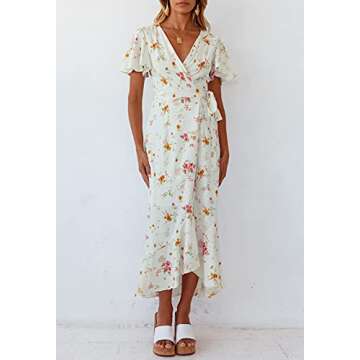 ZESICA Women's Summer Bohemian Floral Printed Wrap V Neck Beach Party Flowy Ruffle Midi Dress