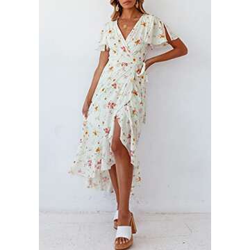 ZESICA Floral Printed Wrap V Neck Midi Dress for Summer