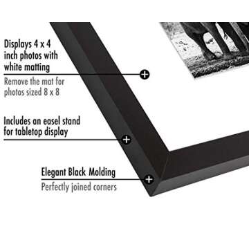 Americanflat 8x8 Picture Frame with Shatter-Resistant Glass - Use as 4x4 Frame with Mat or 8x8 Frame Without Mat - Signature Collection - Photo Frame for Tabletop and Wall Display - Black
