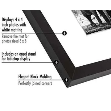 Americanflat 8x8 Picture Frame with Shatter-Resistant Glass - Use as 4x4 Frame with Mat or 8x8 Frame Without Mat - Signature Collection - Photo Frame for Tabletop and Wall Display - Black