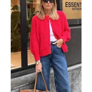 Wyeysyt Womens 2024 Fall Cardigan Sweater Open Front Chunky Soft Knit Sweater Button Down Loose Cardigans(Red-L)