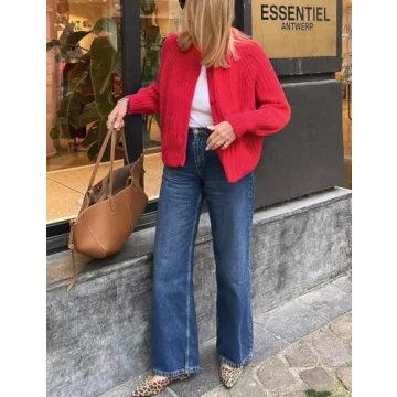 Wyeysyt Womens 2024 Fall Cardigan Sweater Open Front Chunky Soft Knit Sweater Button Down Loose Cardigans(Red-L)