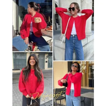 Wyeysyt Womens 2024 Fall Cardigan Sweater Open Front Chunky Soft Knit Sweater Button Down Loose Cardigans(Red-L)
