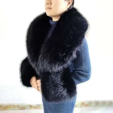 Eosxrp Faux Fur Collar Cuffs Set Warm Fake Fur Scarf Winter Women Fluffy Large Shawl Furry Scarves (Black-set), 02