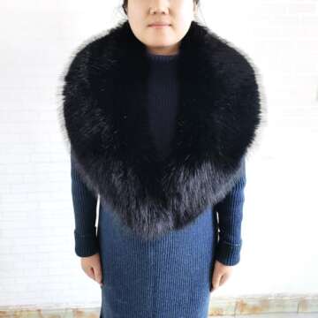 Eosxrp Faux Fur Collar Cuffs Set Warm Fake Fur Scarf Winter Women Fluffy Large Shawl Furry Scarves (Black-set), 02