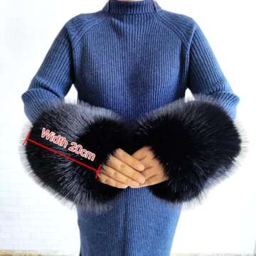 Eosxrp Faux Fur Collar Cuffs Set Warm Fake Fur Scarf Winter Women Fluffy Large Shawl Furry Scarves (Black-set), 02