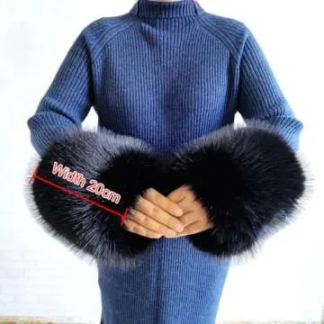 Eosxrp Faux Fur Collar Cuffs Set Warm Fake Fur Scarf Winter Women Fluffy Large Shawl Furry Scarves (Black-set), 02