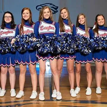 PUZINE 4 Pack Cheerleading Pom Poms,Metallic Cheer Pom Poms with Training Baton Handle for Team Sport Spirit Squad Bulk Cheerleaders(Blue and Silver)