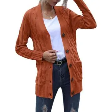 MEROKEETY Women's 2024 Fall Long Sleeve Cable Knit Sweater Open Front Cardigan Button Loose Outerwear Rust