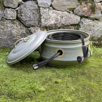 Good Directions Sedona Hose Pot with Lid, Brass Accents, Holds up to 100-Feet of Hose