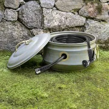 Good Directions Sedona Hose Pot with Lid, Brass Accents, Holds up to 100-Feet of Hose