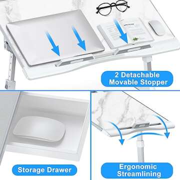 EVETTO Bed Desk for Laptop - Marble Pattern, Adjustable X-Large Foldable Bed Table, Laptop Lap Desk with 2 Movable Stoppers and Drawer for Bed Couch Floor Writing Eating Working (23.6 inch)