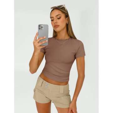 AUTOMET Womens 3 Piece Short Sleeve Shirts Basic Going Out Tops Slim Fit Crop Tops 2025 Y2k Clothes Black,White,Coffee M