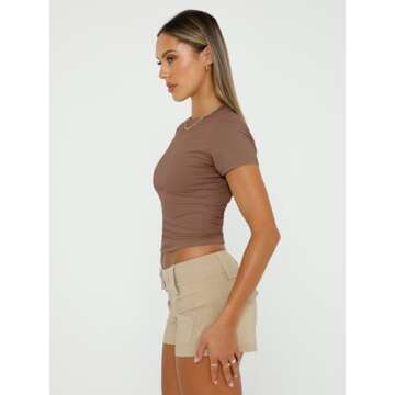 AUTOMET Womens 3 Piece Short Sleeve Shirts Basic Going Out Tops Slim Fit Crop Tops 2025 Y2k Clothes Black,White,Coffee M